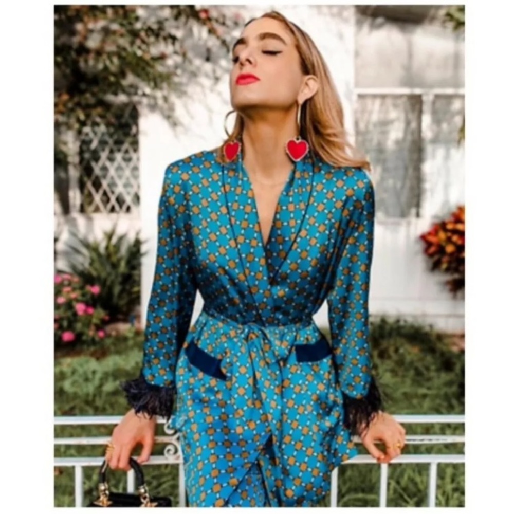 ZARA print satin effect long sleeve Feather Blazer sz.XS